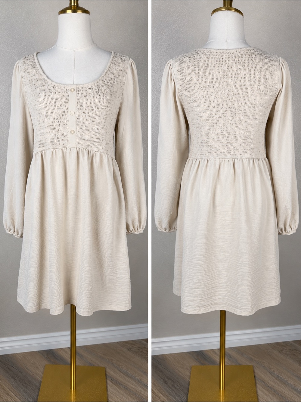 NWT Boho Smocked Bodice Long Sleeve Dress in Cream/Beige, XL